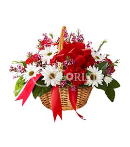 Утопия. Свежие белые хризантемы и ярко-красные гвоздики создают прекрасный контраст в этой восхитительной корзине.